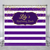 Aperturee - Aperturee Purple White Stripe Gold Custom Name Birthday Backdrop